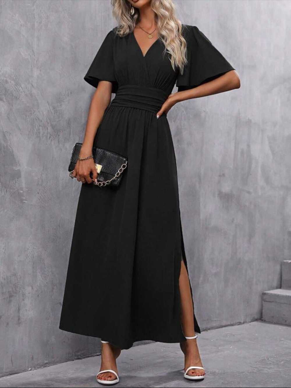 NWT SHEIN Emery Rose Butterfly Sleeve Split Thigh Max Dress, Size L (8/10) Black